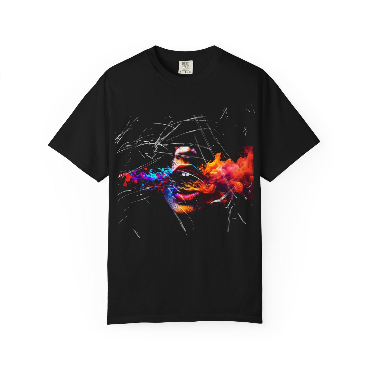 Abstract Fiery Kiss T-Shirt — Colorful Smoke Face Graphic Tee
