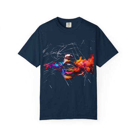 Abstract Fiery Kiss T-Shirt — Colorful Smoke Face Graphic Tee