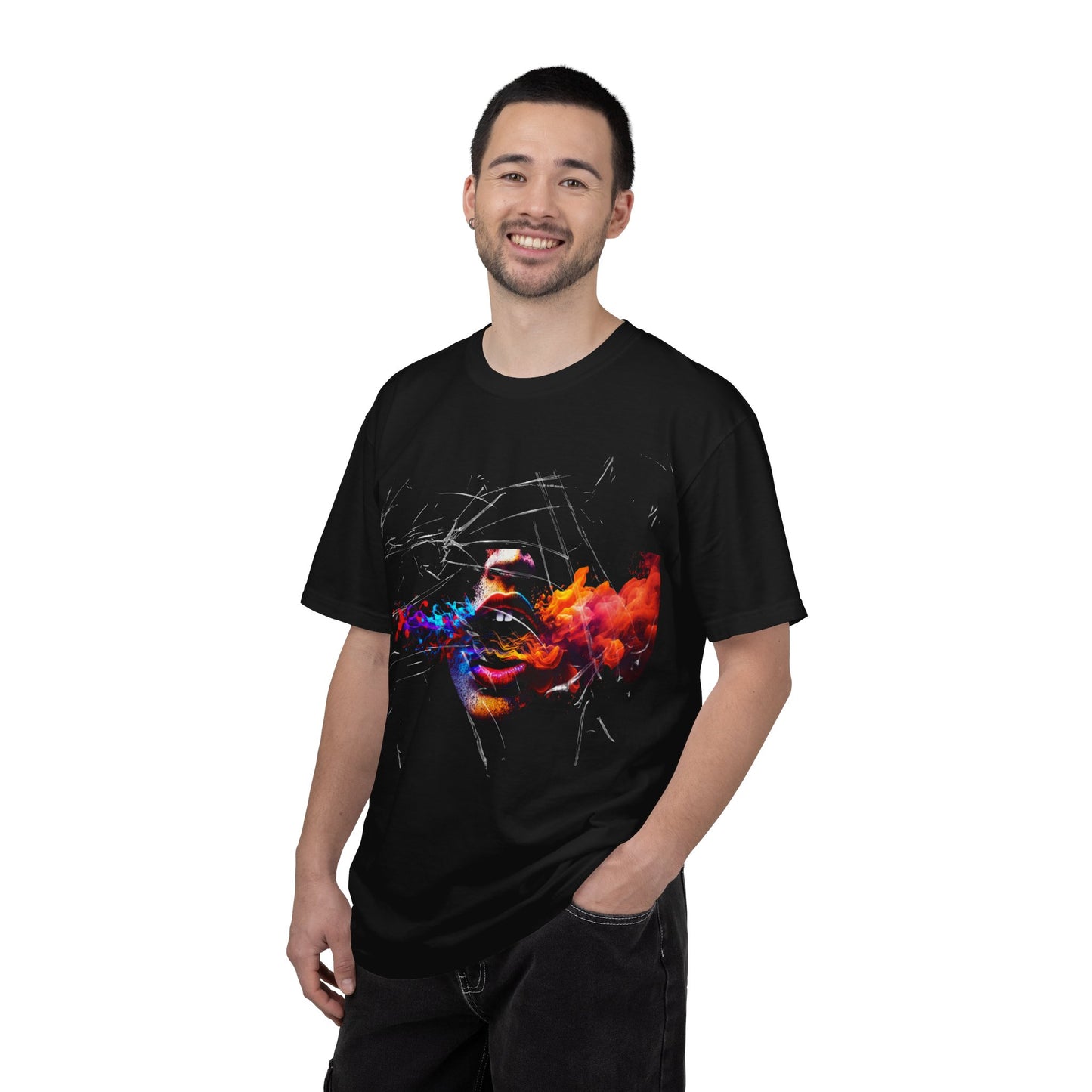 Abstract Fiery Kiss T-Shirt — Colorful Smoke Face Graphic Tee